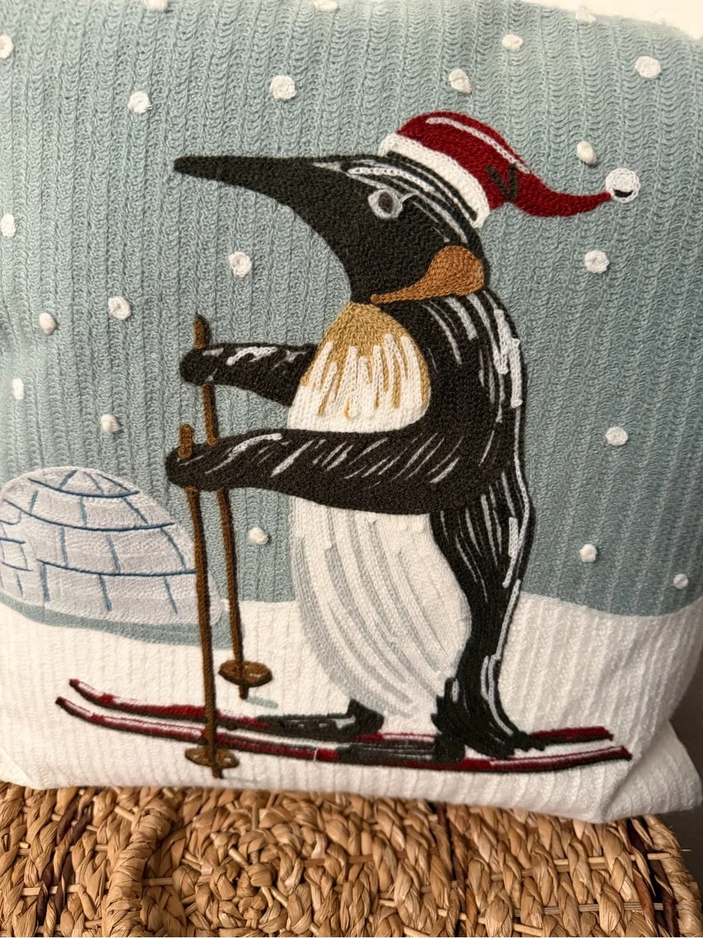 Skiing Penguin- Pottery Barn Crewel Embroidered Holiday Pillow